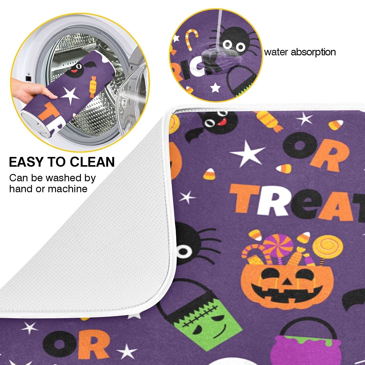 Happy Halloween Purple Pumpkin Fall Dish Drying Mat 16x18 for Kitchen Counter Trick or Treat Spooky Ghost Reversible Dishes Draining Mats Medium Absorbent Fast Dry Pad Halloween Accessories