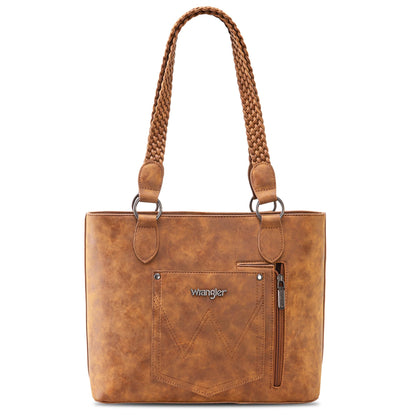 Wrangler Tote Bag for Women Multi Pockets shoulder bag western purse Medium leather like Handbags with Woven Top-Handle WG78-G8317BR