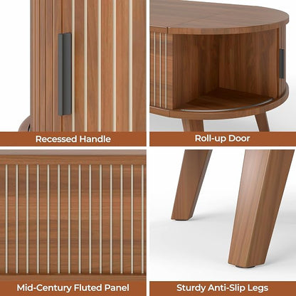 Oval Lift Top Coffee Table with Storage, 47.2" Mid Century Modern Fluted Coffee Table with Sliding Tambour Doors & Hidden Compartment, for Living Room Home Office, Walnut