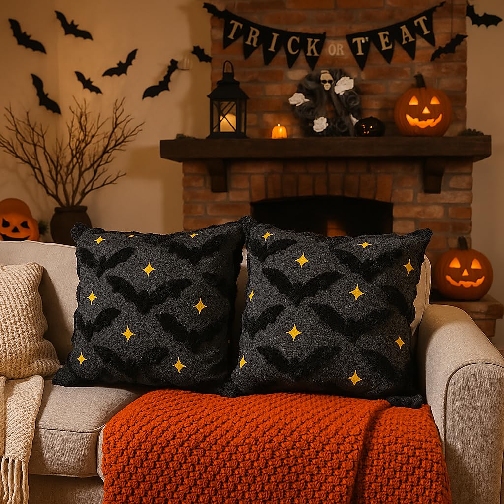 QIONG MENG Halloween Pillow Covers 18x18 Inch Set of 2 Black Bat Halloween Throw Pillow Covers Holiday Farmhouse Pillowcase Couch Cushion Case for Indoor Outdoor Home Sofa Decor