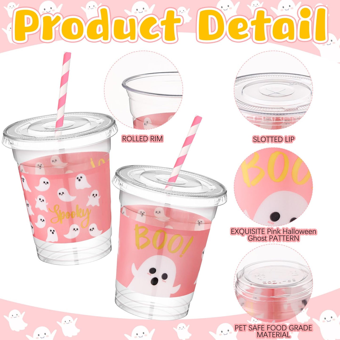 Jingmore 50 Pcs Halloween Ghost Party Disposable Plastic Cups 12 oz with Lids Straws Themed Party Supplies Plastic Tumbler for Birthday Table Decorations Favors(Pink)
