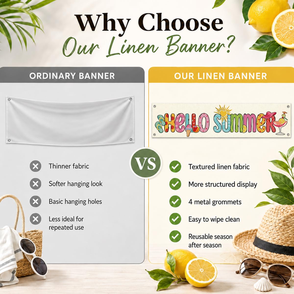 Summer Porch Banner Decor, Hello Summer Fun Wall Hanging with Ice Cream Beach Cocktail Design, Seasonal Entryway Doorway Hallway Home Accent 48x9 Inches