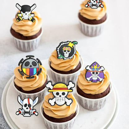 Mosytiay 24 PCS Anime Skull Cupcake Rings Toppers Pirate Themed Cupcake Toppers 6 Style Skeleton Cake Decorations for Skull Theme Baby Shower Birthday Halloween Pirate Party Cake Decorations Supplies