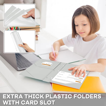Henoyso 18 Pcs Plastic Folder with Clear Front Pocket and 3 Prong Plastic Folders with Card Slot Pocket Folders with Prongs for School Office (Gray White)