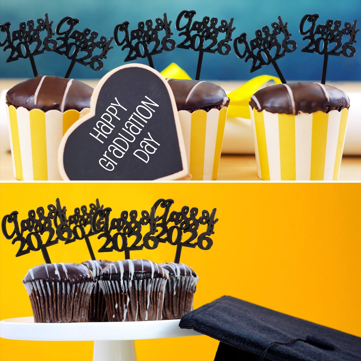 Boao 100 Pieces Class of 2026 Cupcake Toppers Plastic Graduation Cake Picks Graduation Decorations Grad Party Supplies(Black)