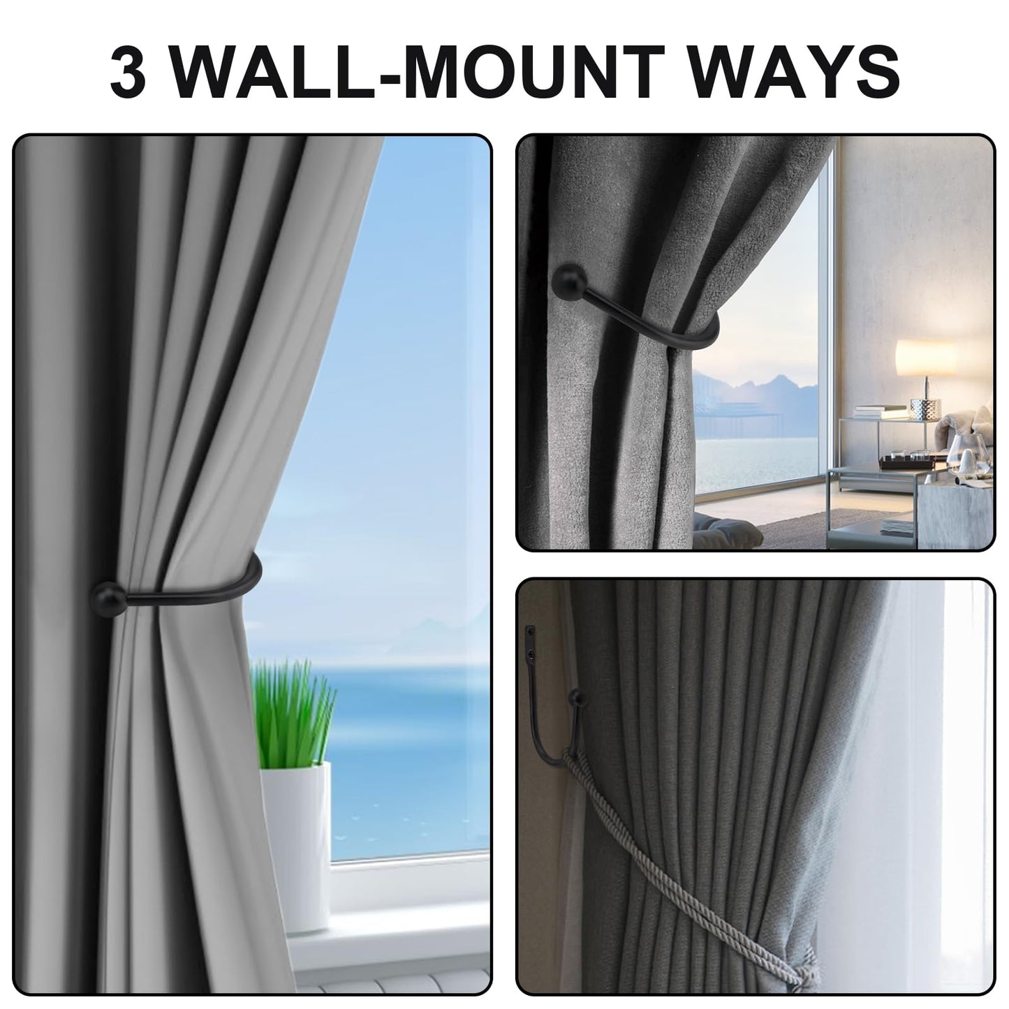 Curtain Holdbacks 4 Pack,Wall Mounted Black Window Curtain Hooks for Wall