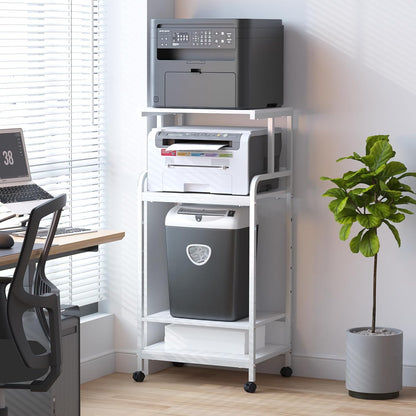 4 Tier Printer Stand with Storage Shelf, Large Tall Printer Cart with Wheels, Mobile Printer Table for Home Office, Adjustable Stands for Printer Heat Press Scanner Fax (White)