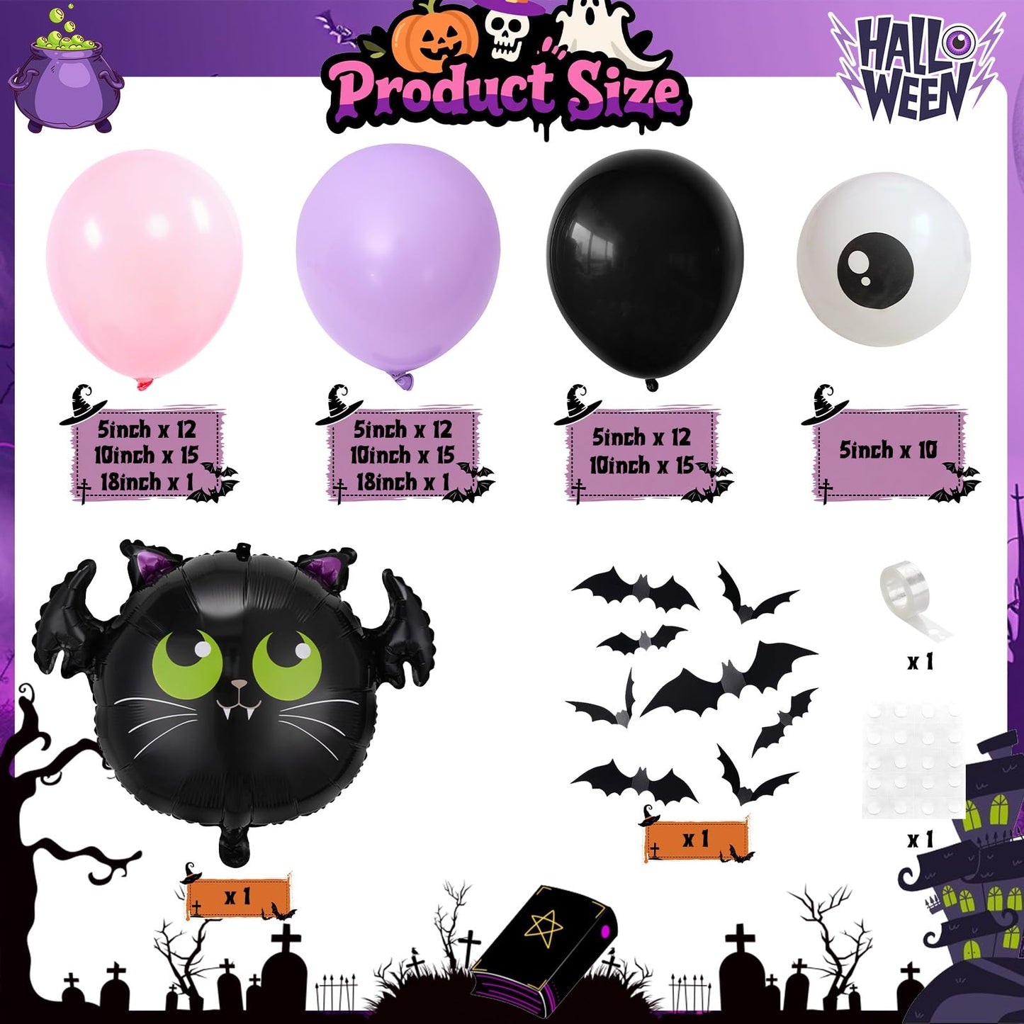 Halloween Balloon Garland Arch Kit, Light Pink Pastel Purple Black Spooky White Eyeball Latex Balloons with Scary 3D Bats Foil Balloon for Kid Halloween Party Decor Indoor Outdoor Backdrop Decorations