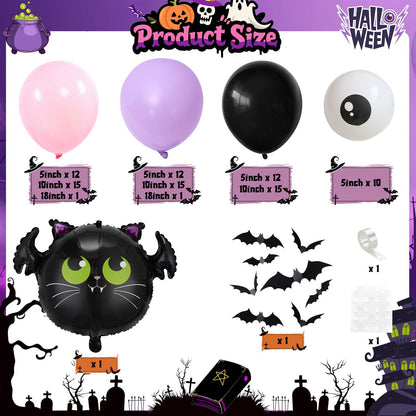 Halloween Balloon Garland Arch Kit, Light Pink Pastel Purple Black Spooky White Eyeball Latex Balloons with Scary 3D Bats Foil Balloon for Kid Halloween Party Decor Indoor Outdoor Backdrop Decorations
