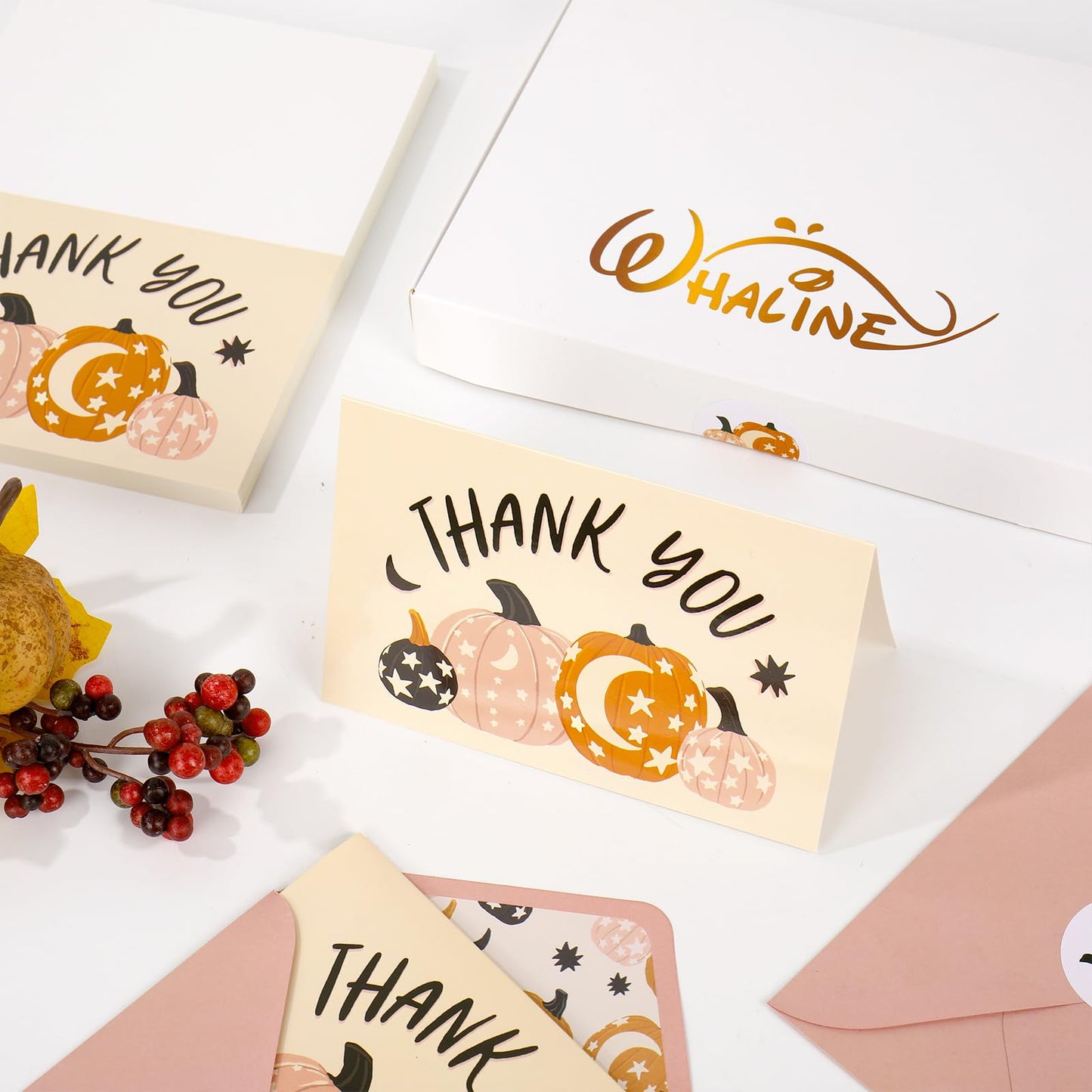Whaline 50 Pack Fall Thank You Cards Pink Orange Pumpkin Greeting Cards with Envelopes Stickers Blank Note Card for Autumn Thanksgiving Halloween Wedding Baby Shower Birthday, 4 x 6 Inch