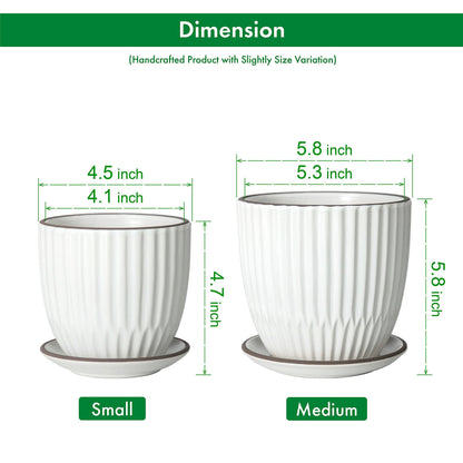 D'vine Dev Set of 2 Stoneware Planter Pots, Ceramic Pot with Drainage Hole and Saucers, 4.5 Inch 5.8 Inch, Ivory, 99-D-1