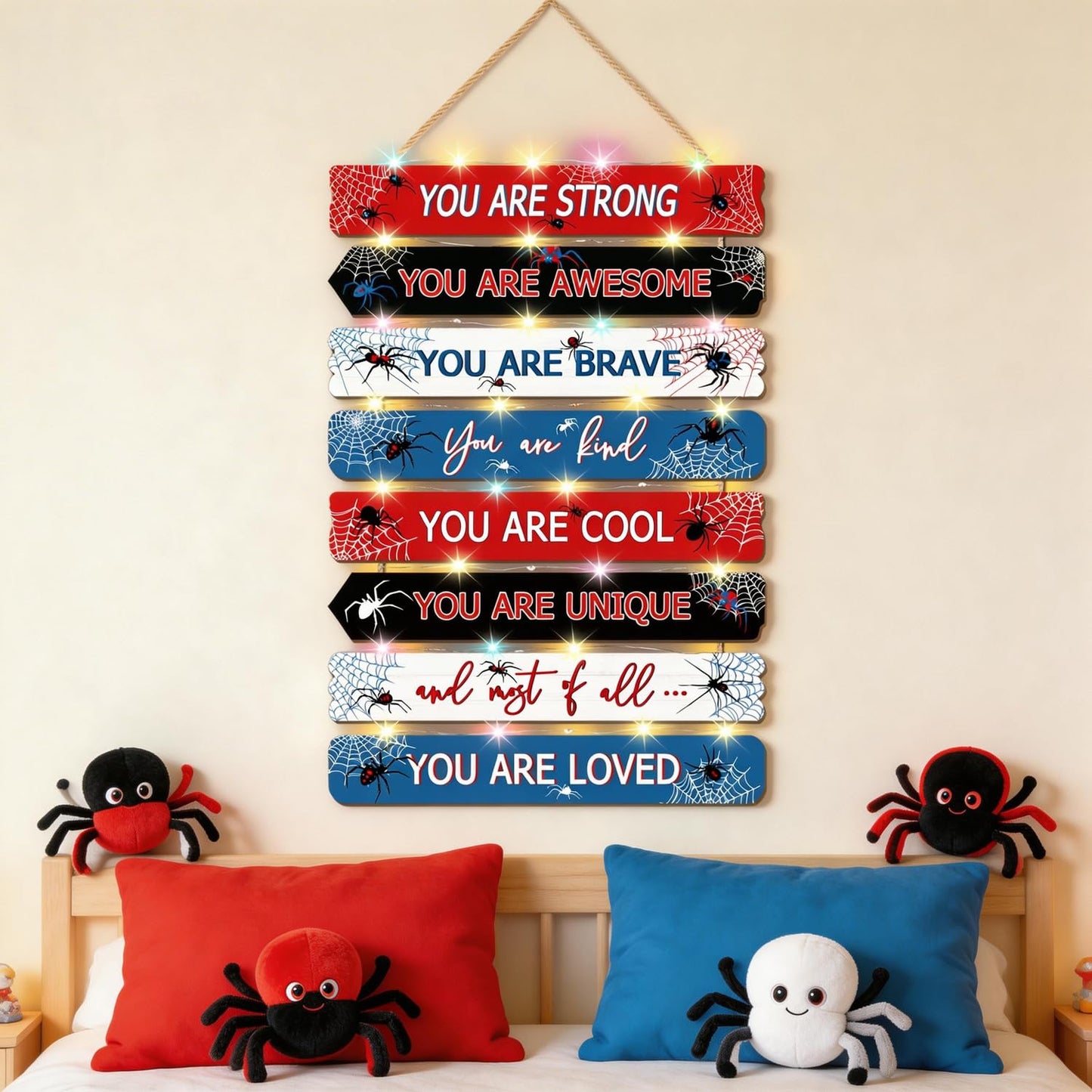 Spider Room Decor with LED Lights Bedroom Boys Room Wall Decor Children Inspirational Motivational Wall Art Wooden Wall Decor Little Boy Kids Room Interior Decor Toddler Room Sign