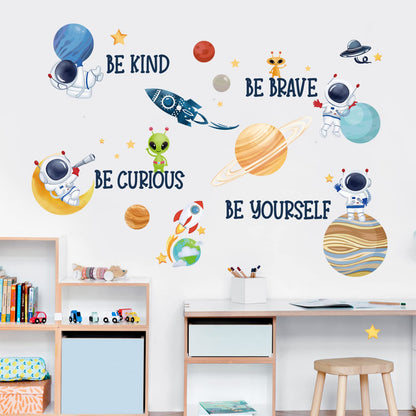 wondever Planets Outer Space Wall Stickers Be Kind Be Brave Inspirational Quote Astronaut Peel and Stick Wall Art Decals for Baby Nursery Kids Bedroom Playroom