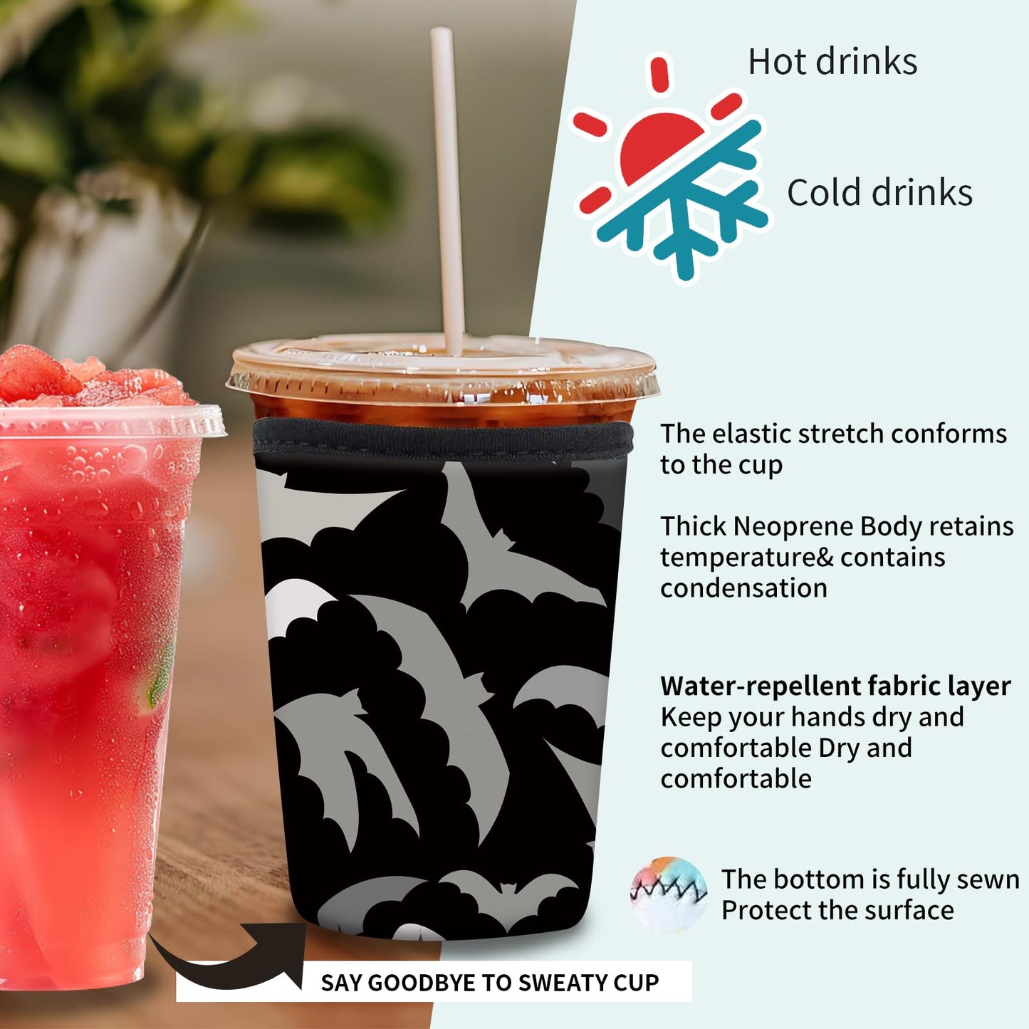 DAORJWL 3 Pack Reusable Insulated Neoprene Sleeve for Iced & Hot Drinks, Cute Durable Iced Coffee Cup Sleeve, Beverage Holder for Iced Coffee Cute Blck Bats