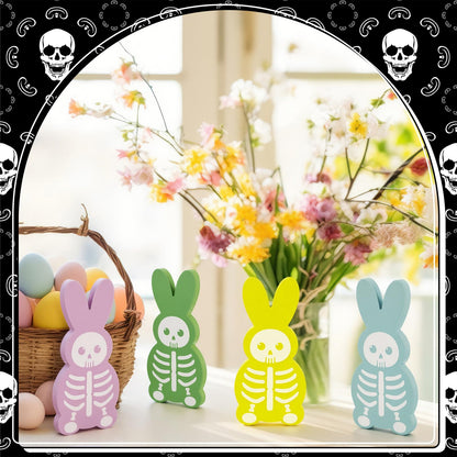 Vicenpal 5 Pcs 9.8'' Summer Halloween Skeleton Bunny Wooden Signs Spooky Halloween Tiered Tray Decor Rabbit Table Centerpiece for Goth Tabletop Decorations for Bedroom Office Shelf Party Supplies