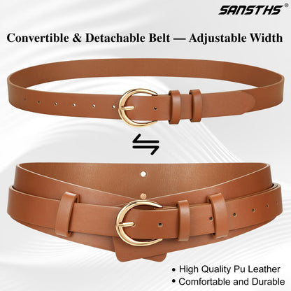 SANSTHS Belt for Women 2-in-1 Waistband for Dress Coats Pants, Women Wide Leather Belt with Fashion Buckle, Brown M
