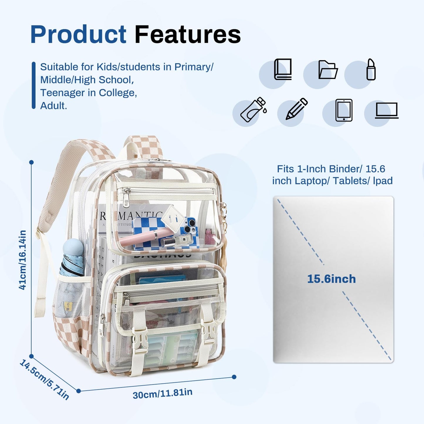 Sisipoet Clear Backpack, Heavy Duty Clear Bookbag PVC Transparent Backpack for School for Teens Girls Women with Leather Pendant,Khaki