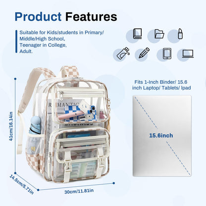 Sisipoet Clear Backpack, Heavy Duty Clear Bookbag PVC Transparent Backpack for School for Teens Girls Women with Leather Pendant,Khaki