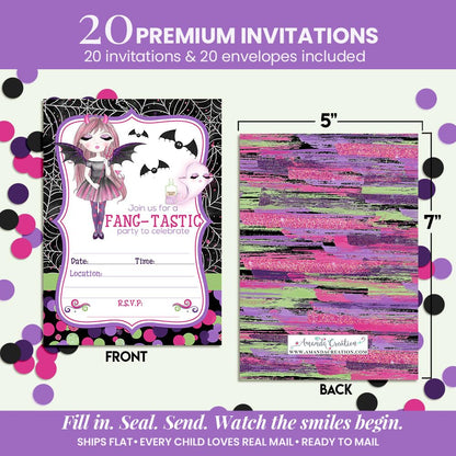 Fang-tastic Vampire Girl Halloween Theme 20 Birthday Invitations 5x7 Fill-In Cards with Envelopes, Kids Party Stationery Set, Cute Ghost Bat Polka Dot Spider Web Design, Made in USA by Amanda Creation