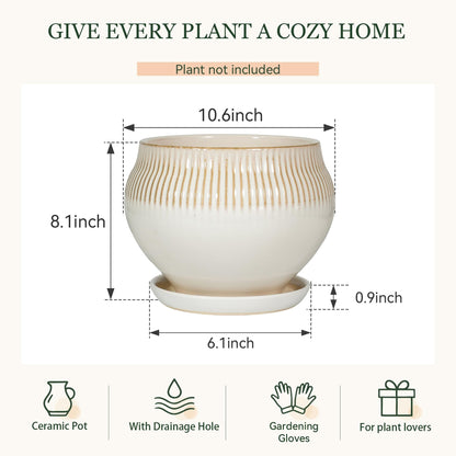 SAFIOROIS 10.6 Inch Modern Ceramic Plant Pot with Drainage Hole and Mesh Net, Indoor Outdoor Planter with Saucer & Gardening Glove, Pots for Succulents, Flowers, Large Plants, White