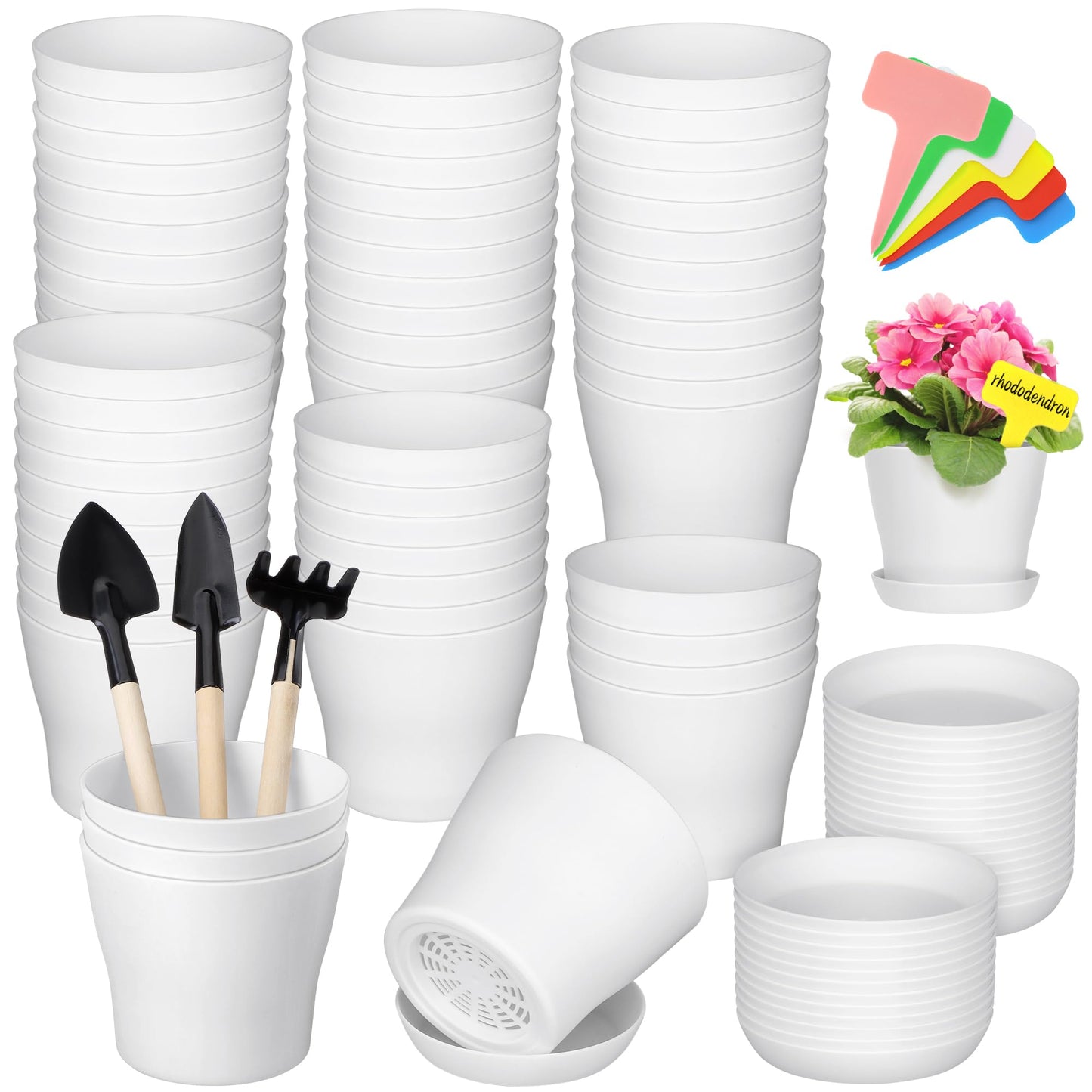 Hahood 60 Pieces White Plastic Planters 4 Inch Flower Pot with Trays Labels Plant Pots Plants Nursery Pot Flower Seedling Nursery Pots for Indoor Outdoor Plant, Herb, Succulent
