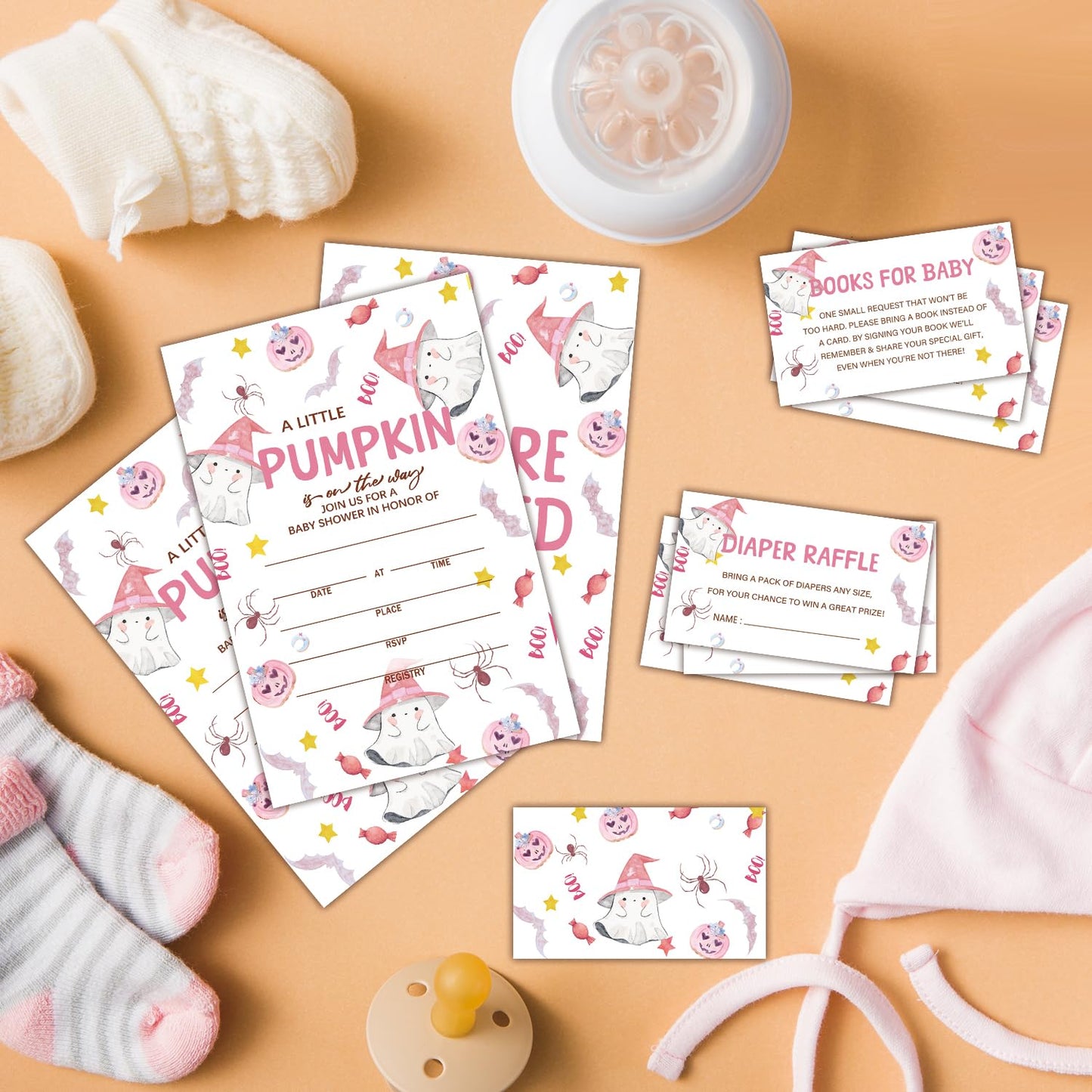 HQLOW Pink A Little Pumkin Halloween Boo! 25 Baby Shower Invitations with Envelopes Diaper Raffle Cards Book Cards for Baby Announcement, Gender Reveal, Party Invitations-09