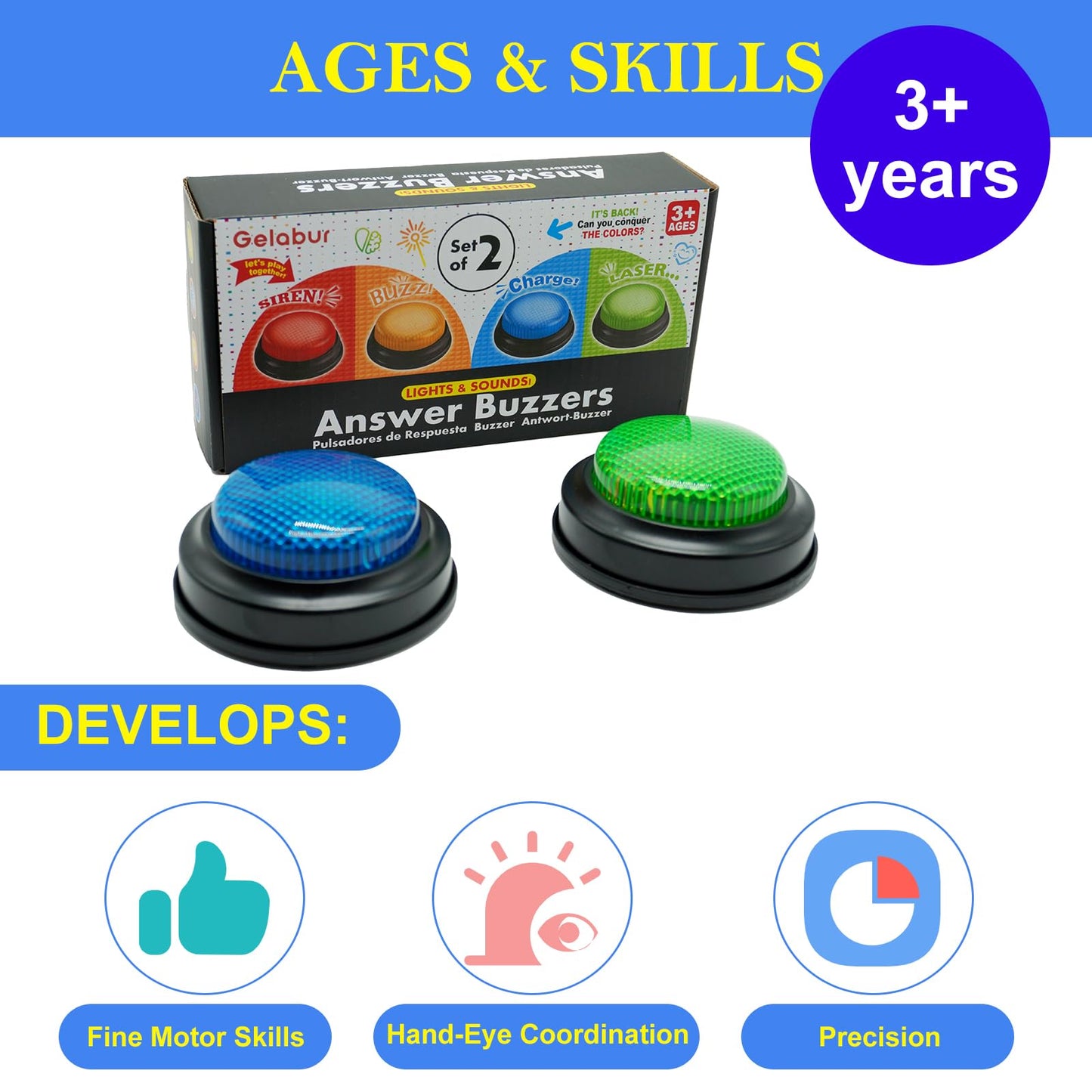Gelabur 2-Pack Quiz Game Buzzers for Trivia Games, Answer Buzzers with Lights and Sound, Classroom Game Show Style Buzzer Buttons for Team Games