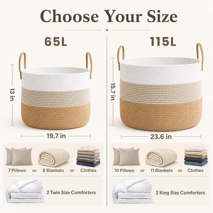 JMvicyroam 65L Extra Large Blanket Basket for Living Room - Woven Cotton Rope Laundry Hamper with Reinforced Handles - Storage Bin for Pillows, Comforters & Toys - Machine Washable,White&Jute Mix