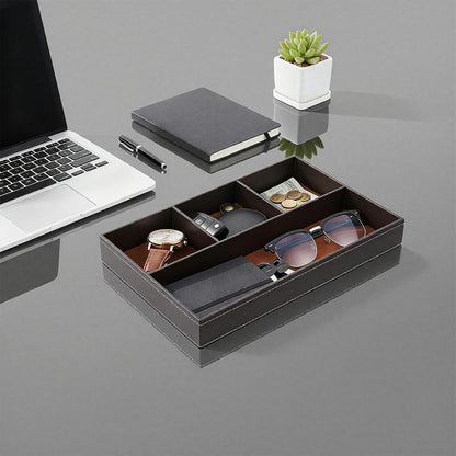 Caeuiciw 2 Pieces Faux Leather Valet Tray for Men, Stackable Jewelry Trays for Drawers, Mens Dresser Top Organizer for Key, Wallet, Sunglass, Watch, Coin, Phone, Nightstand Bedside Tray Brown