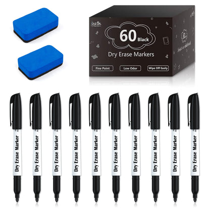 Dry Erase Markers, Lineon 60 Bluk Pack Black Whiteboard Markers with 2 Eraser, Fine Point Dry Erase Markers Perfect For Writing on Whiteboards, Dry-Erase Boards,Mirrors for School Office Home