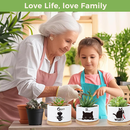KONROOWEI 3 Pcs Cat Ceramic Plant Pots,Funny Cat Planter Gifts for Women,for Indoor Plants Garden Planters Succulent Pots, with Drainage Holes and Saucer(No Plants)