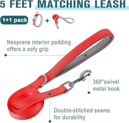 Dog Collar for Medium Small Large Dogs Reflective with Leash,Collar and Leash for Dogs,Soft Neoprene Padded 2 Pack(Red,M)