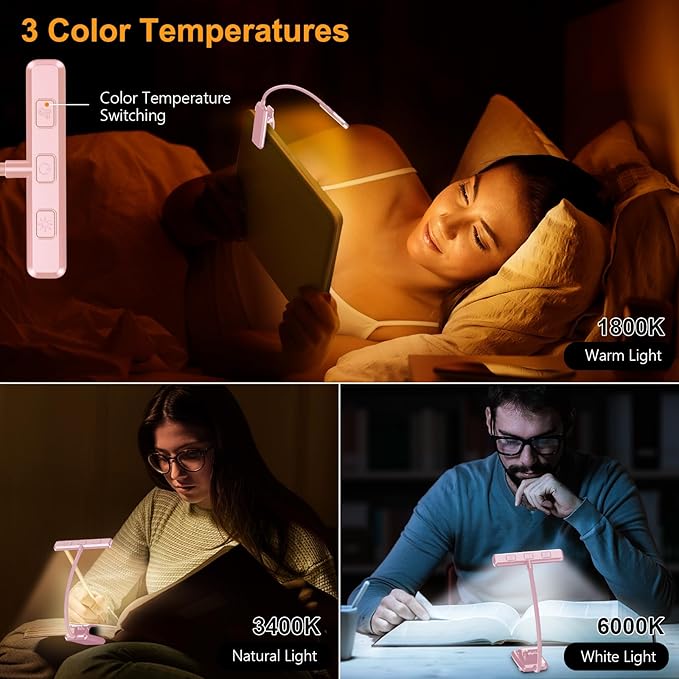 Gritin 19 LED Rechargeable Book Light for Reading in Bed with Memory Function- Eye Caring 3 Color Temperatures,Stepless Dimming Brightness,80 Hrs Runtime Clip on Light for Book Lovers-Pink