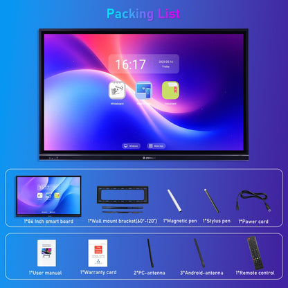JYXOIHUB Interactive Whiteboard, 86inch Smart Board with 4K UHD Touch Screen Flat Panel, All in One Digital Electronic Whiteboard Built in Dual System for Conference