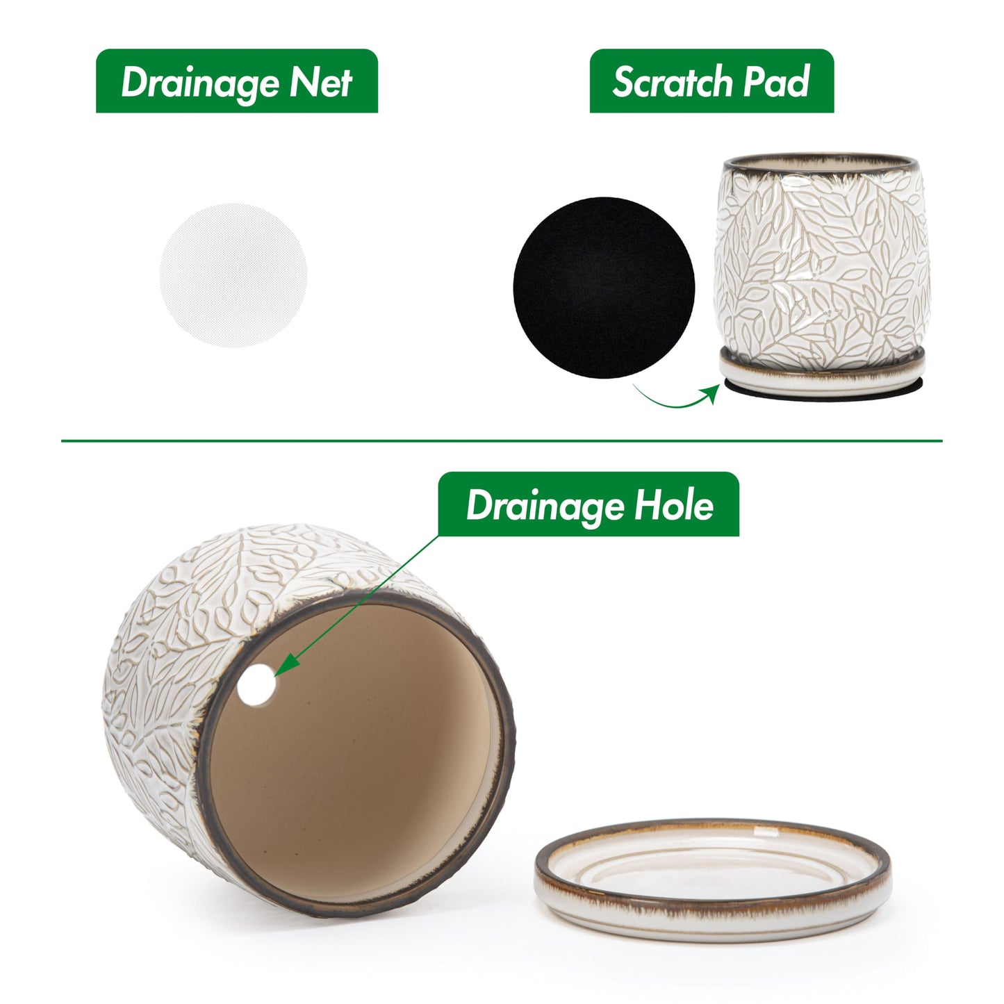 D'vine Dev 5 Inch Embossed Leaves Stoneware Planter Pot with Drainage Hole and Saucer, Smoked White, Set of 2, 27-F-V-1