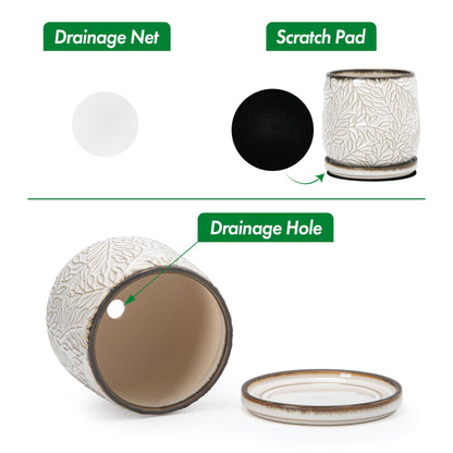 D'vine Dev 5 Inch Embossed Leaves Stoneware Planter Pot with Drainage Hole and Saucer, Smoked White, Set of 2, 27-F-V-1