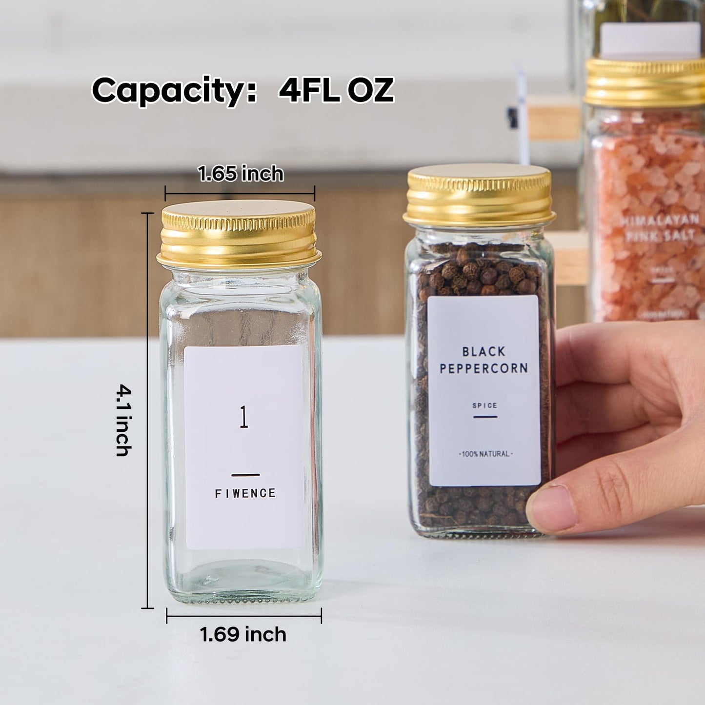 Fiwence 36 Pcs Glass Spice Jars with 576 Labels, 4oz Empty Square Spice Containers,Seasoning Bottles with Gold Metal Caps - Shaker Lids, Funnel and Pen Included
