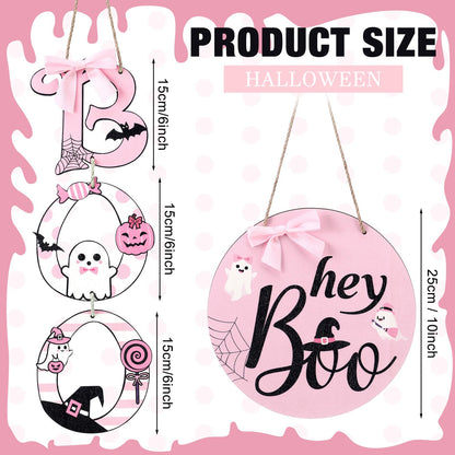 Amyhill 2 Pcs Halloween Door Sign Pink Boo Wooden Sign Ghost Wreath Decorations with Pink Bow for Farmhouse Front Door Hanger Porch Wall Decor