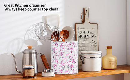 HOMSUN Kitchen Utensil Holder,7.2-inch Extra Large Sturdy Ceramic Cherry Floral Pattern Utensil Crock,Cooking Utensil Organizer for Kitchen Counter Decor,Storage Caddy Farmhouse Gift Pink Blossom