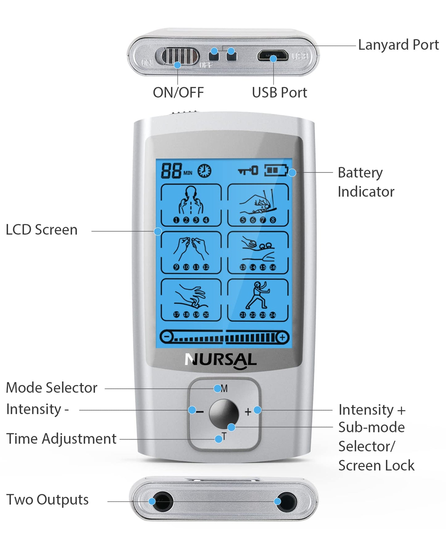 NURSAL 24 Modes TENS Unit Muscle Stimulator with Continuous Stimulation, Rechargeable Electronic Pulse Massager with 8 Pads for Back and Shoulder Pain Relief and Muscle Strength