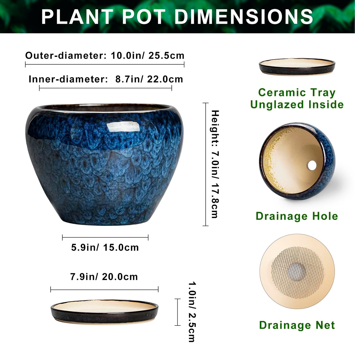Thirtypot 10 Inch Plant Pot - Ceramic Planter with Drainage Hole and Plant Saucer, Round Planter Indoor Outdoor, Modern Planters, Large Flower Pot, Home Room Office Decor, Housewarming Gifts, Blue