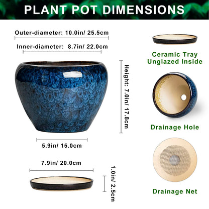 Thirtypot 10 Inch Plant Pot - Ceramic Planter with Drainage Hole and Plant Saucer, Round Planter Indoor Outdoor, Modern Planters, Large Flower Pot, Home Room Office Decor, Housewarming Gifts, Blue