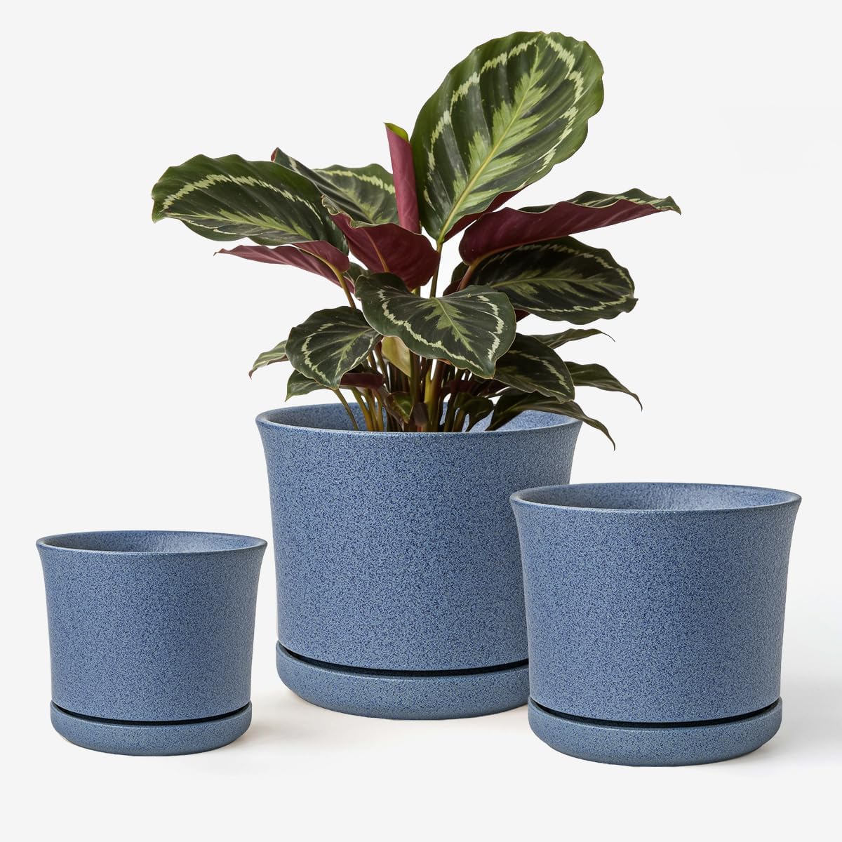 Avyra Velen Plant Pots Set of 3 with Drainage Hole and Saucer for Plants, 4.3+5.5+7 Inch Ceramic Planter for Indoor House Plant, Modern Home Decor, Blue