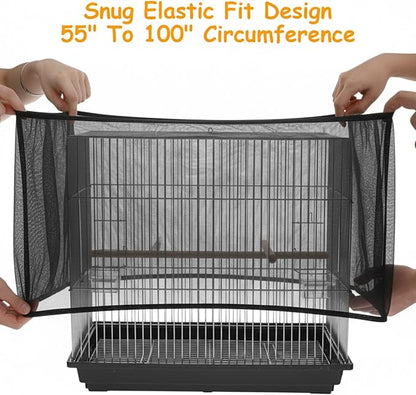 Adjustable Bird Cage Seed Catcher, Black Bird Cage Net Birdcage Cover Skirt Nylon Mesh Netting, Stretchy Birds Cages Guard for Parrot Parakeet Macaw African Any Cages Cover