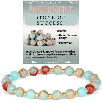 QOGIR Imperial Jasper - Stone of Success - Stainless Silver Beads Natural Gemstone Stretch Elastic Dainty Healing Beaded Bracelets Gifts 6mm
