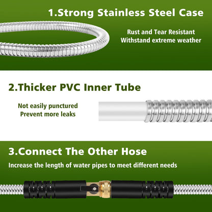 Svansea Metal Garden Hose 25ft Stainless Steel Hose Heavy Duty Flexible Water Hose with 10 Way Spray Nozzle 3/4 Solid Brass Fittings-Outdoor Yard Lightweight No Kink Leak Resistant Water Pipe