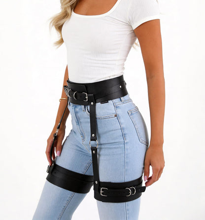 WARANDOD Women Adjustable Thigh Belt with Waist Strap, Faux Leather Alloy Leg Harness Belt for Festival Street Style Outfits(Waist 24.6-37.6in)