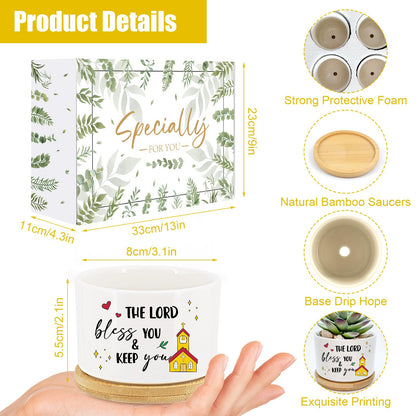 Tarklanda 6Pcs Christian Gifts Plant Pot, Bible Verse Succulent Pots Mini Ceramic Flower Planters Pot with Bamboo Tray Thank You Religious Gift for Mother Teacher, Plant Not Included