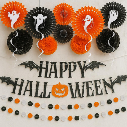 KatchOn, Hanging Halloween Decorations Set - Pack of 17 | Glittery Happy Halloween Banner, Garlands, Ghost Hanging Swirls, Orange Pumpkin, Paper Fan, Spooky | Halloween Decor Hanging Swirls