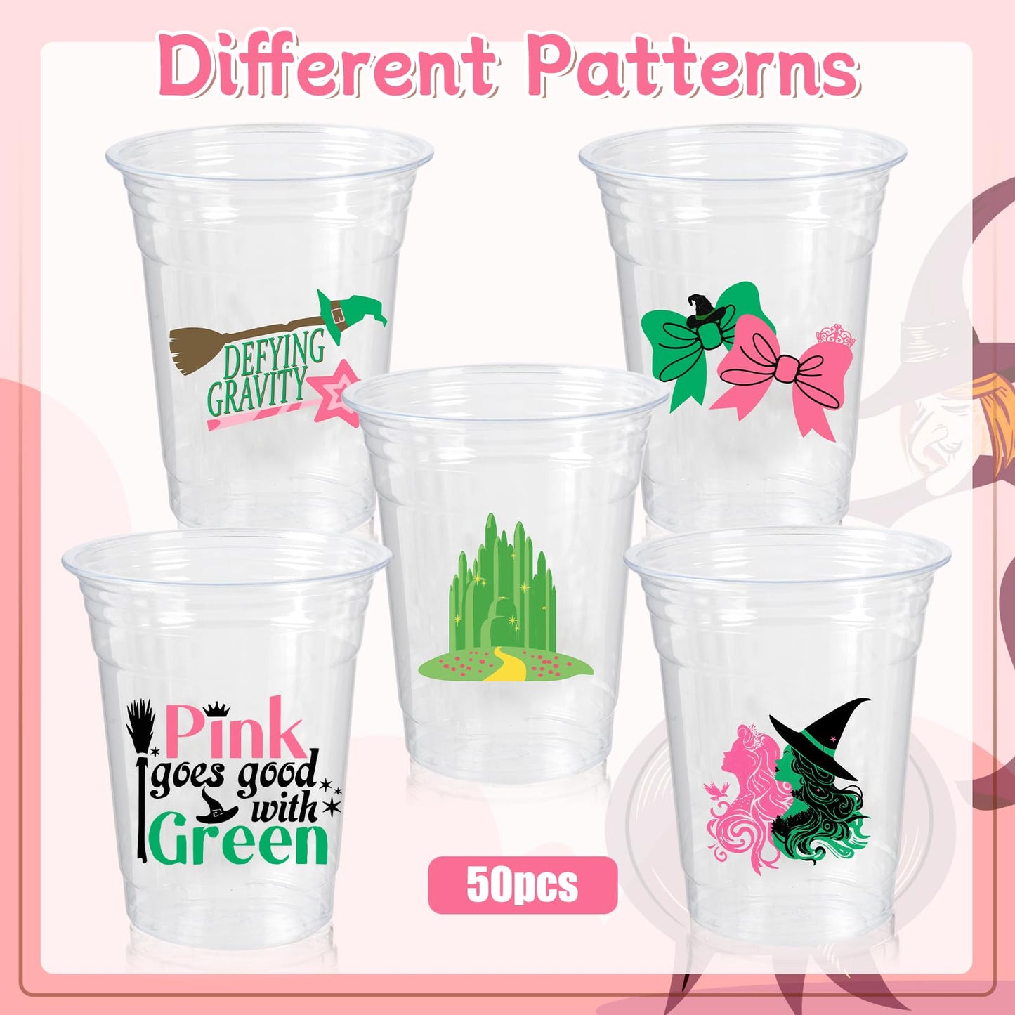 Witch Theme Party Decoration Plastic Cups, 50pcs 12 Oz Plastic Clear Disposable Drinking Cups for Witch Movie Birthday Wedding Summer Tropical Shower Party Supplies Favors Women Men Snack Cup Bulk